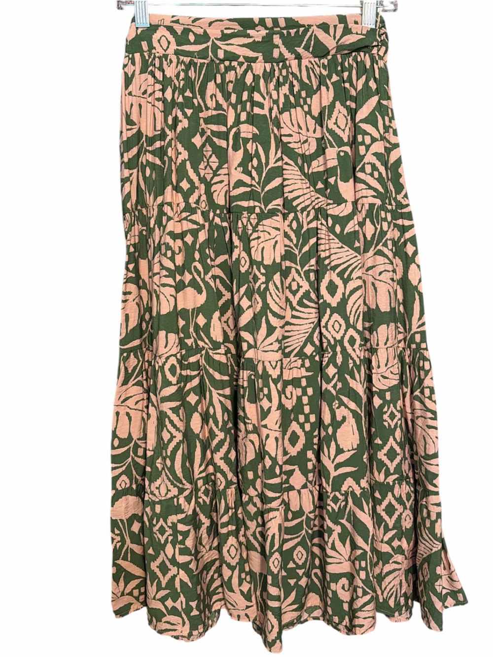 DRESS FORUM, tropical palm leaves pink green tiered skirt